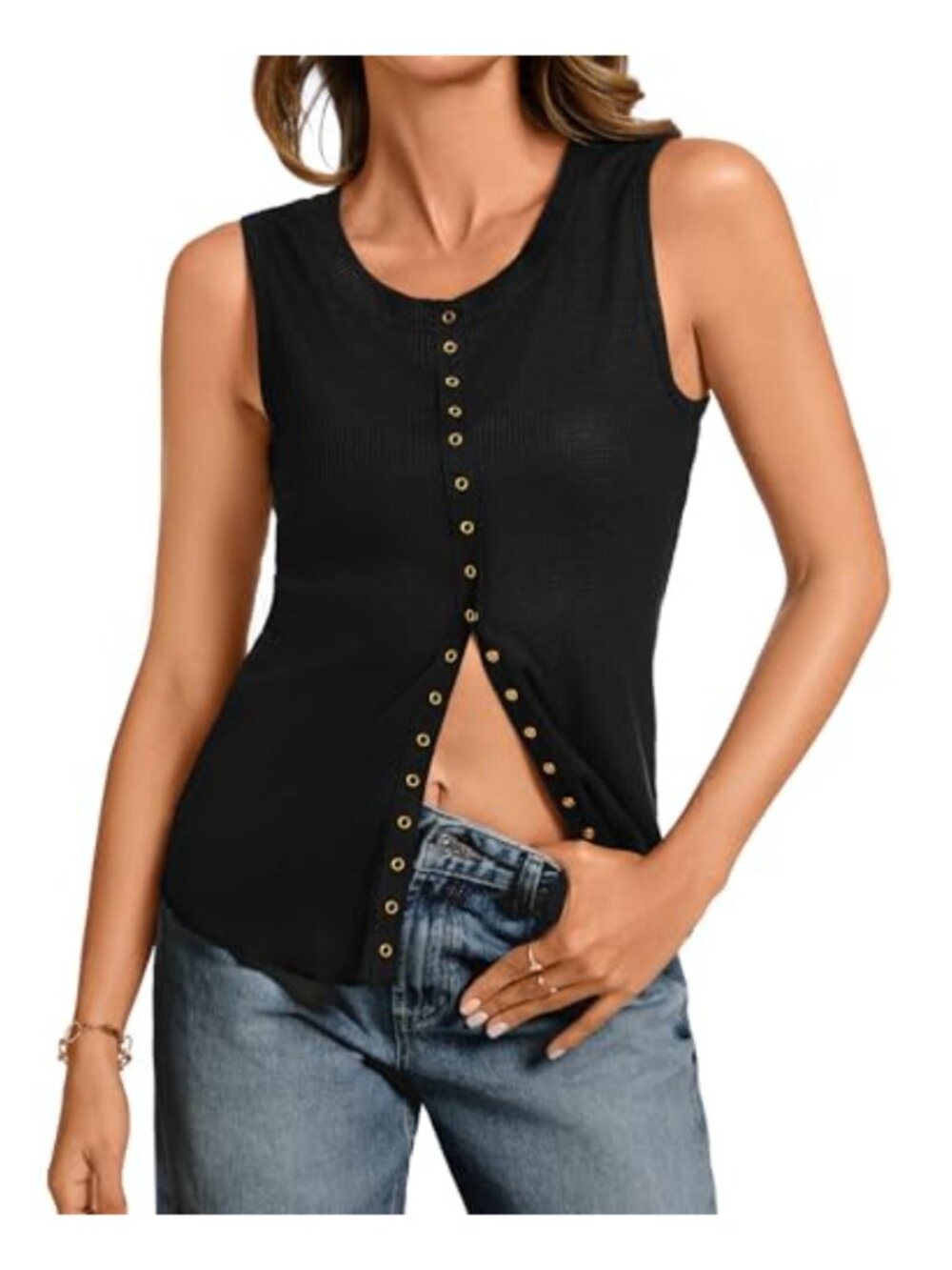 Waffle Knit Sleeveless Tank Top with Snap Buttons for Women - Dressy Casual